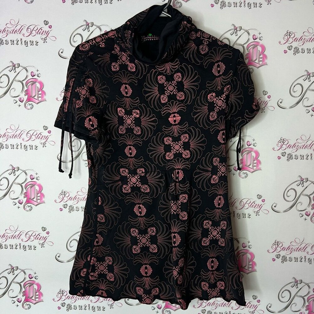 Fornarina top mock neck Elegant Black and Pink Floral tie up ribbon sleeve 90s